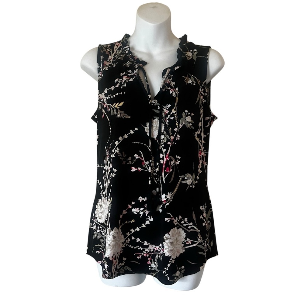 WHBM black floral sleeveless blouse with tassel ties size S